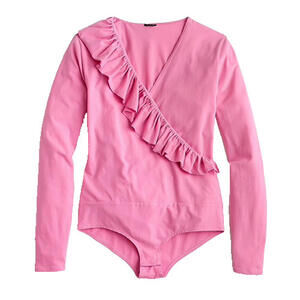 NWT J.Crew Women's Deep Blossom Pink Ruffle-Front Wrap Bodysuit One-Piece L